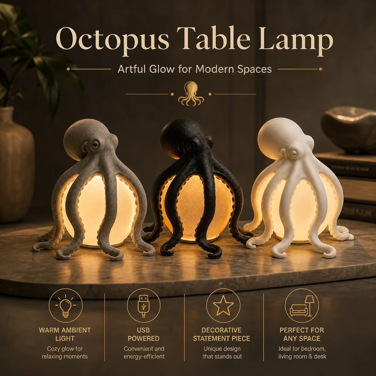 lampe table poulpe résine sculpturale led rechargeable usb gris noir blanc chambre