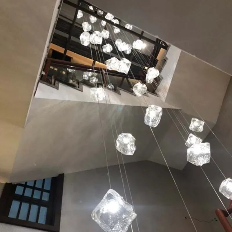 lustre moderne blanc transparent cubes géométriques suspension câbles blancs lumière chaude lumière froide 30w