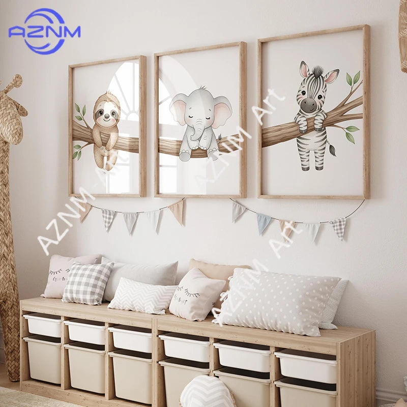 toile d'art animaux mignons souris éléphant zèbre branches illustration enfantine sans cadre