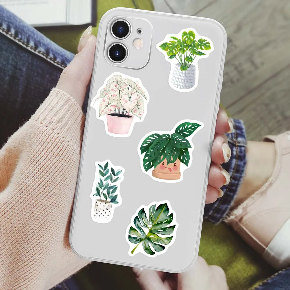 stickers plantes feuilles pots adhésifs illustration cartoon mignon DIY scrapbook décoration téléphone bagages portable