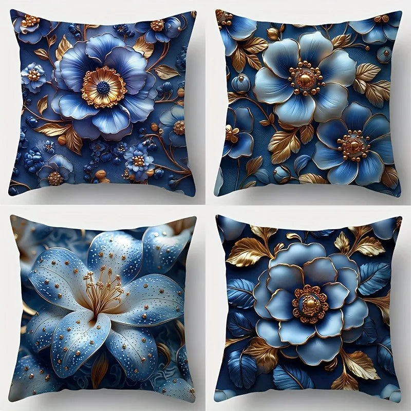 housse coussin motif floral bleu doré non tissé contemporain 45x45cm bleu clair ornemental voiture