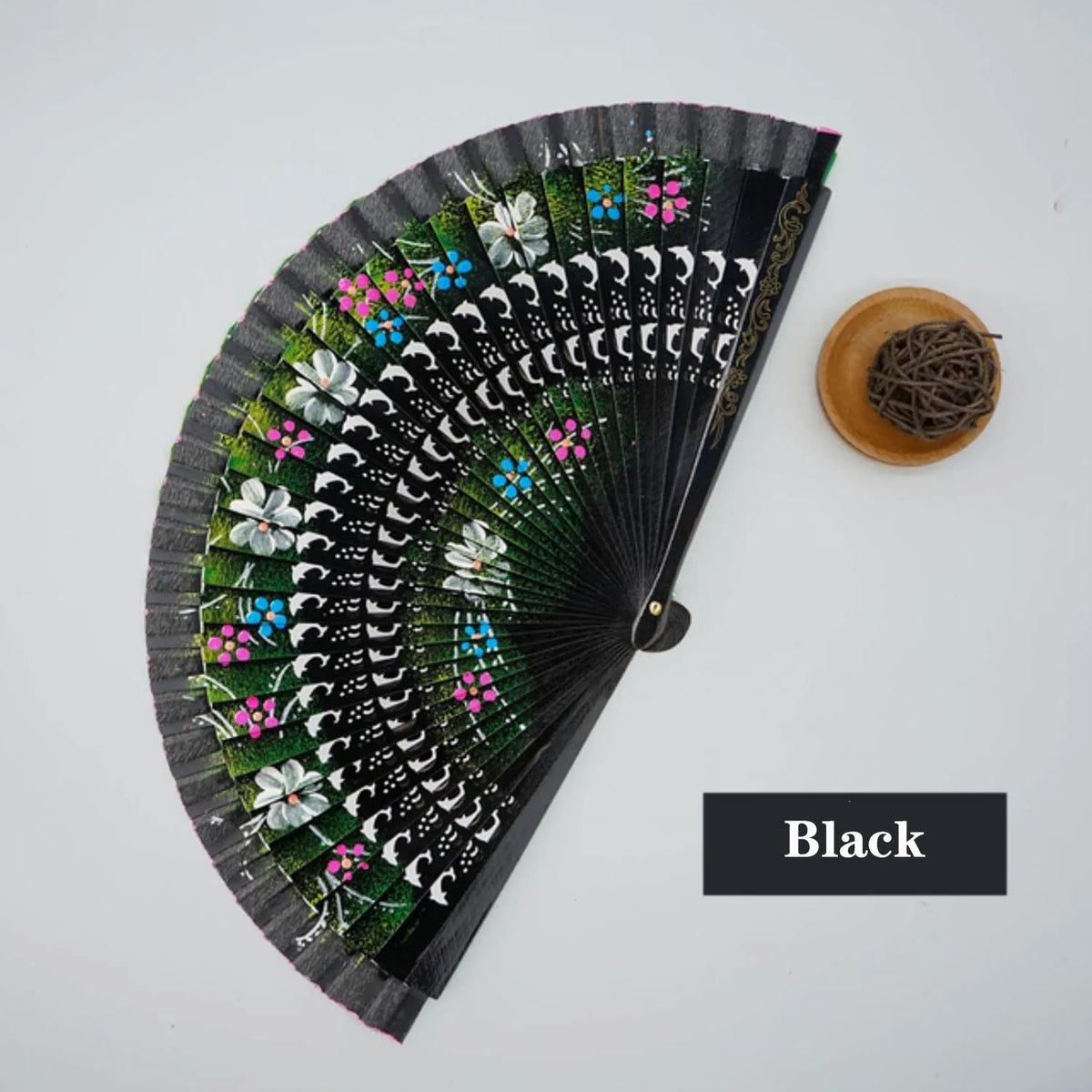 éventail traditionnel bois motif fleurs géométriques rouge bleu rose vert Jaune Noir
