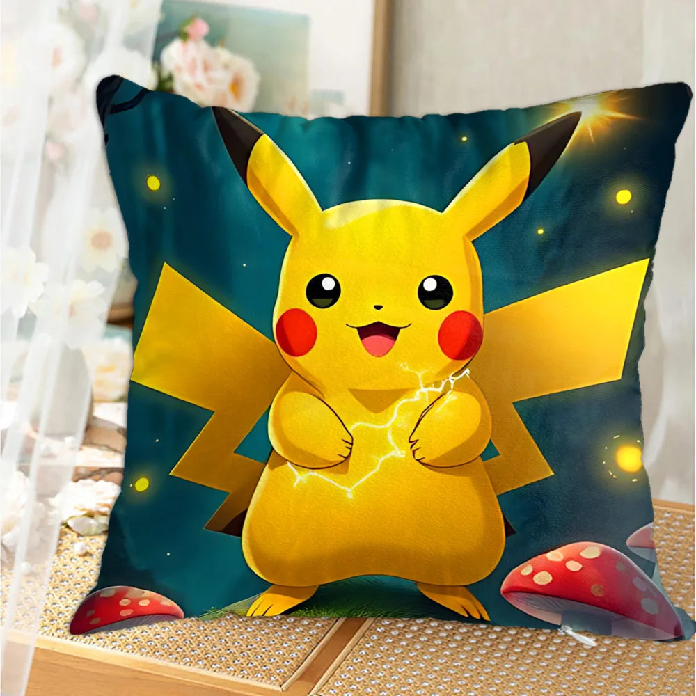 housse coussin carrée jaune motif pokemon pikachu décorative salon chambre lit enfant coton