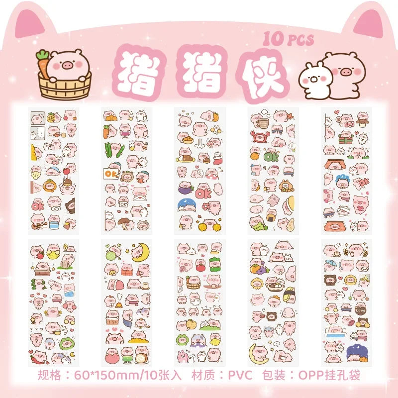 sticker kawaii adhésif dessins animés chats floraux textes scrapbooking transparent rose vert bleu blanc