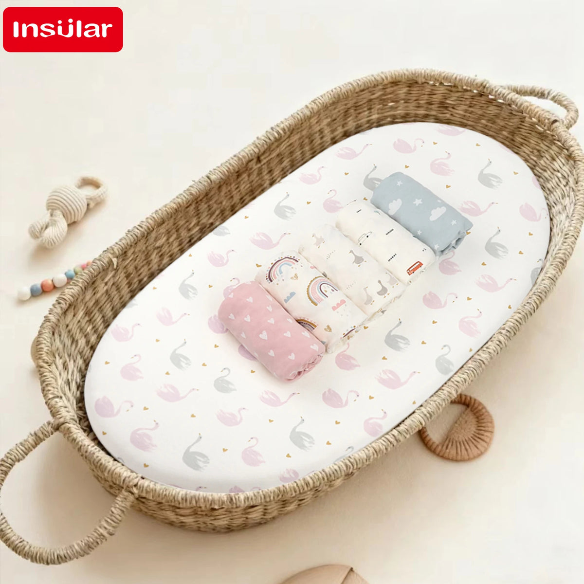 draps bébé motif cygnes coeurs doux coton blanc rose gris jaune enfantins housse élastiquée