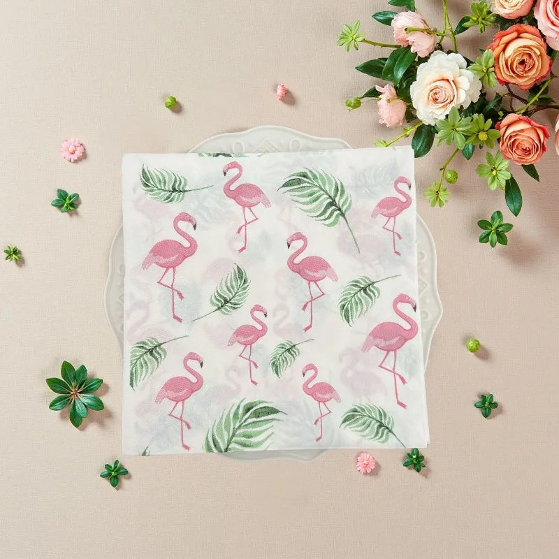 serviettes papier 33cm blanc rose vert motif flamants roses feuilles tropicales moderne 20 pièces