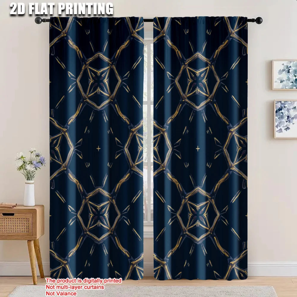 rideau moderne bleu marine motif géométrique doré opacité pièces polyester elégant