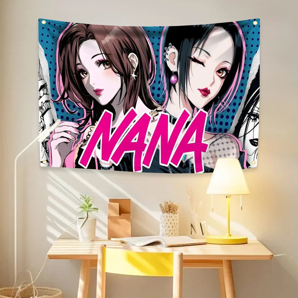 tapisserie anime personnages noir blanc rose bleu gris illustration clip accrochée chambre intérieure extérieure