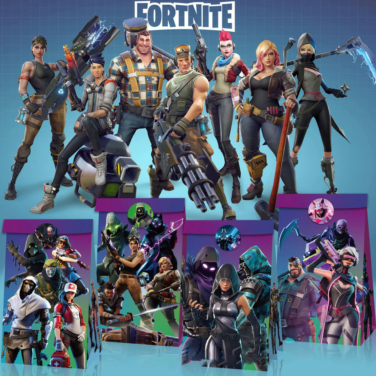 sacs cadeaux Fortnite anniversaire personnages dessin animé motifs opalescents sucettes bonbons festifs enfants violet