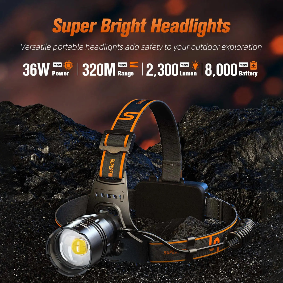 lampe frontale led rechargeable télescopique zoomable étanche pêche noir orange grisclair