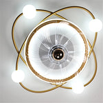 ventilateur moderne sphères blanches anneaux dorés télécommande lumière led salon luxe