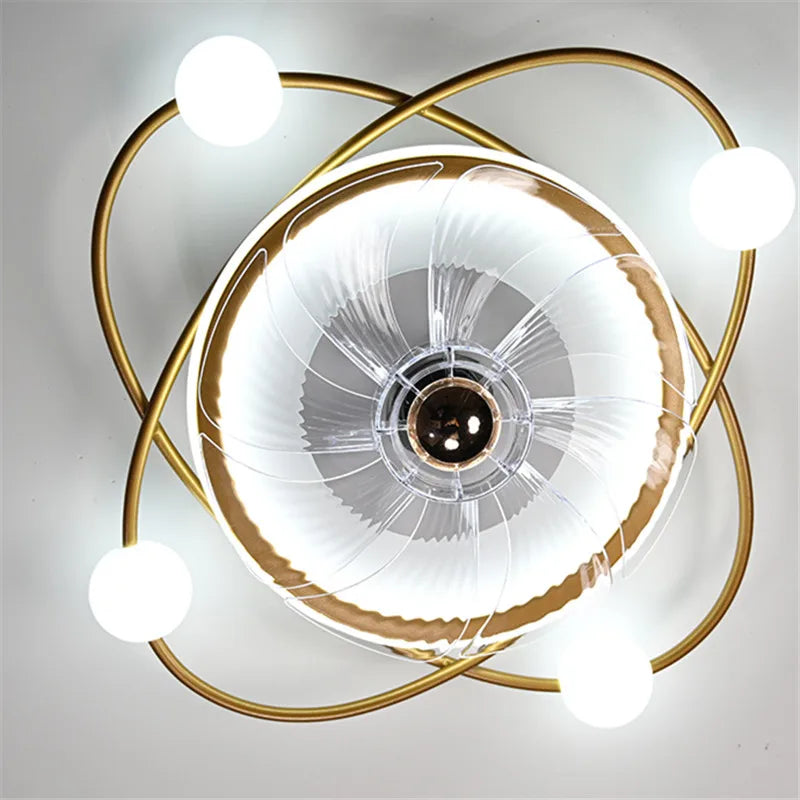 ventilateur moderne sphères blanches anneaux dorés télécommande lumière led salon luxe