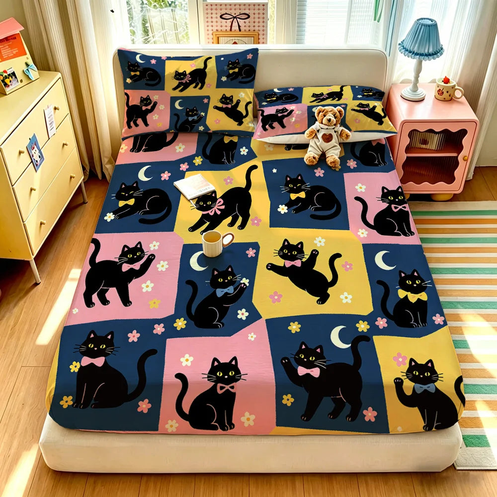 drap housse lit motif chats noirs fleurs colorées moderne taies oreiller bleu foncé jaune