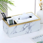 boîte mouchoirs multifonctionnelle moderne élégante compartiment stylos tablettes poignée croissant marbre lin or blanc