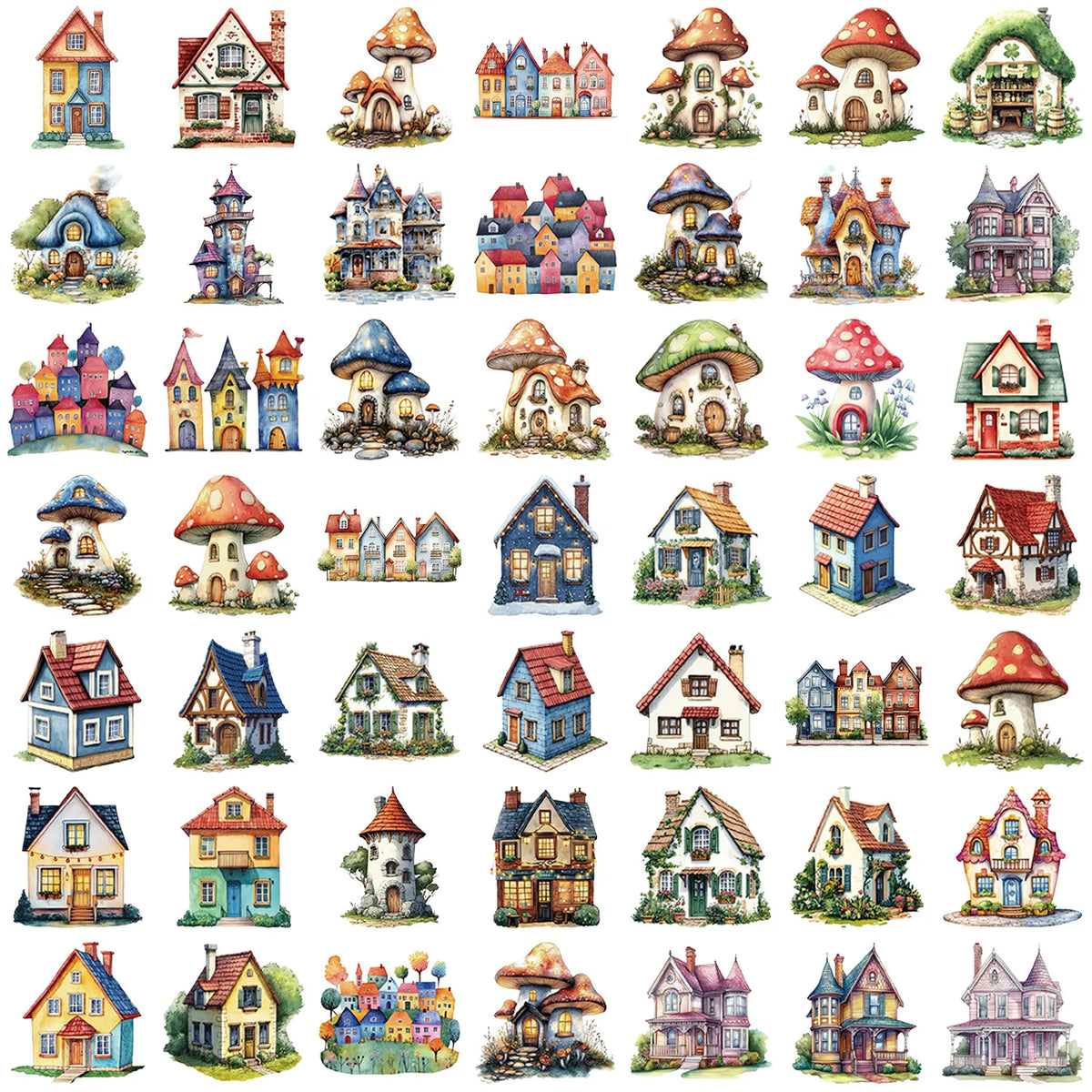 autocollants décoratifs cartoon maison miniature champignons variés pack 50 pièces opaques maison dessin animé
