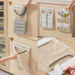 sacs rangement mural pliables beige clair maille fine moderne adhésif velcro poignée noire utilisation