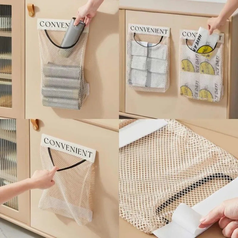 sacs rangement mural pliables beige clair maille fine moderne adhésif velcro poignée noire utilisation