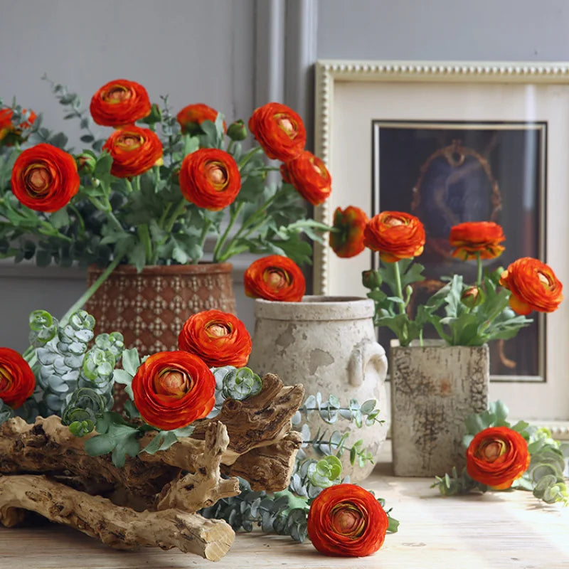 décoration intérieure ranunculus artificiels fleurs soie multicolore blanc crème jaune rouge salon maison