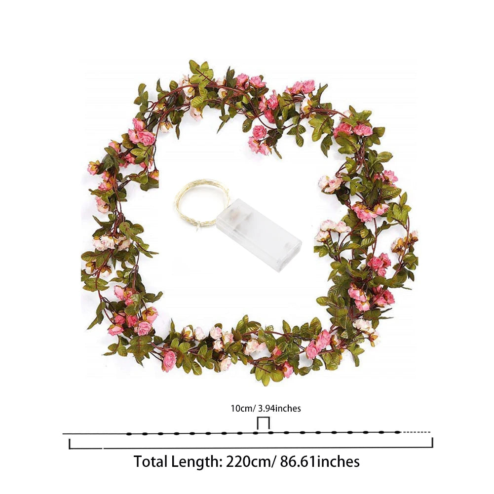 guirlande lumineuse fleurs artificielles rose rouge vert feuilles texturées décoration romantique autoinstallation batterie led