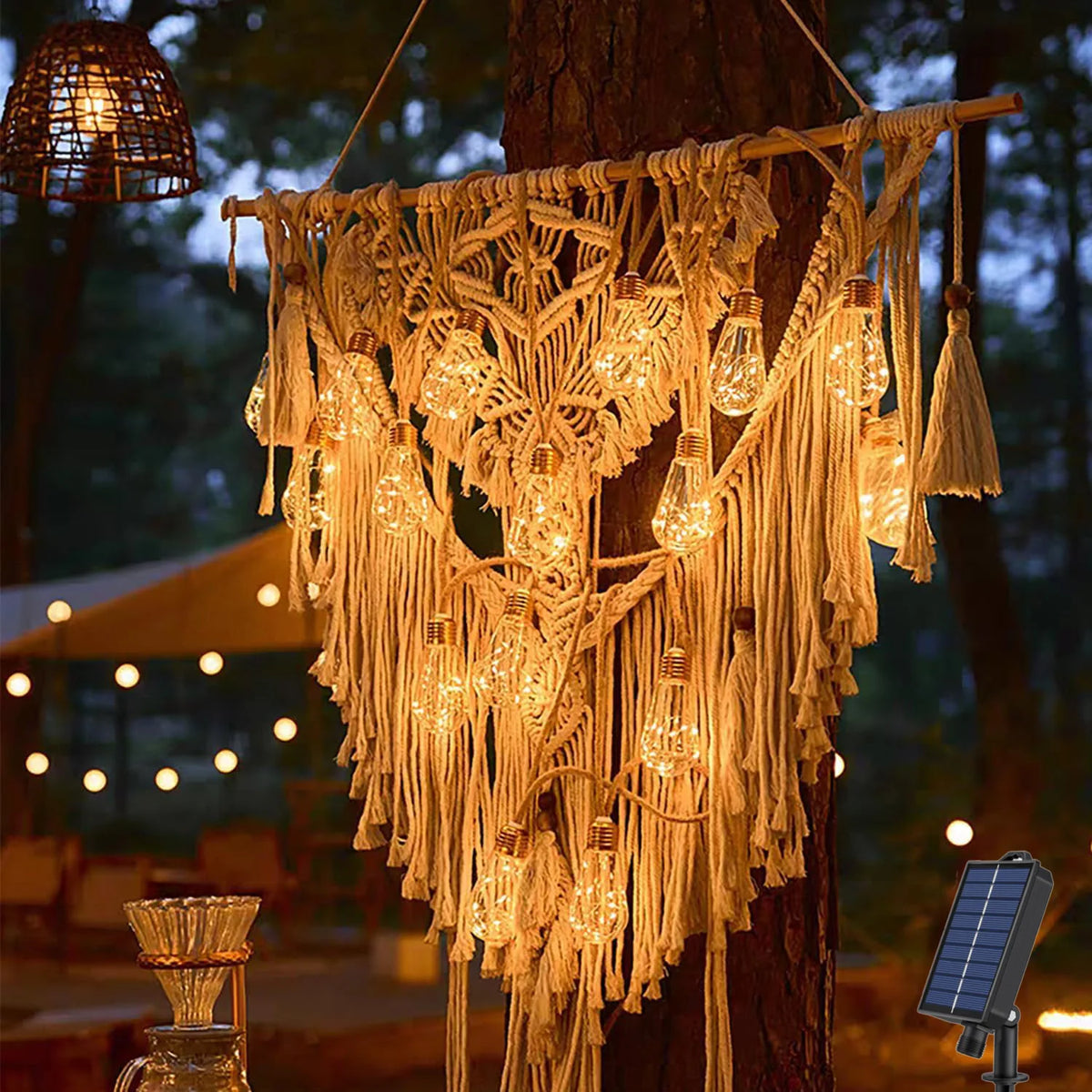 guirlande lumineuse solaire macramé 16 ampoules led boho rustique extérieure autonomes