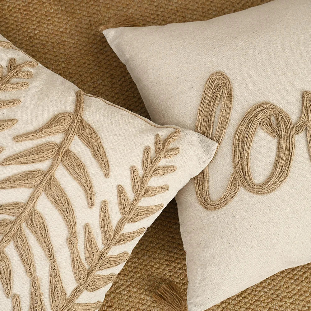 housses coussins motif feuilles texte love coton polyester beige rustique adhésifs tassels decoration