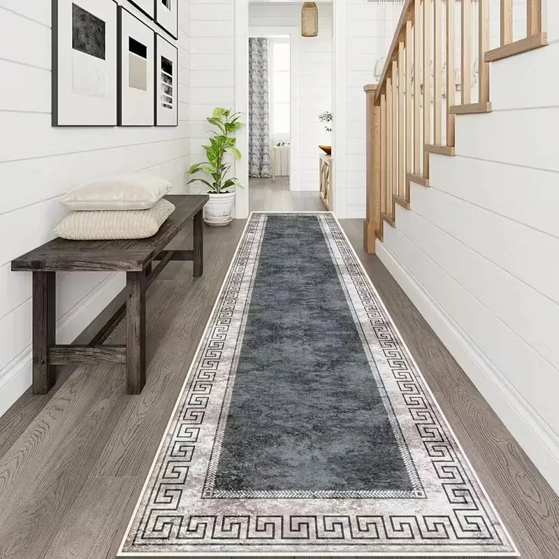 tapis géométrique gris blanc antidérapant polyester durable moderne large entrée chambre cuisine