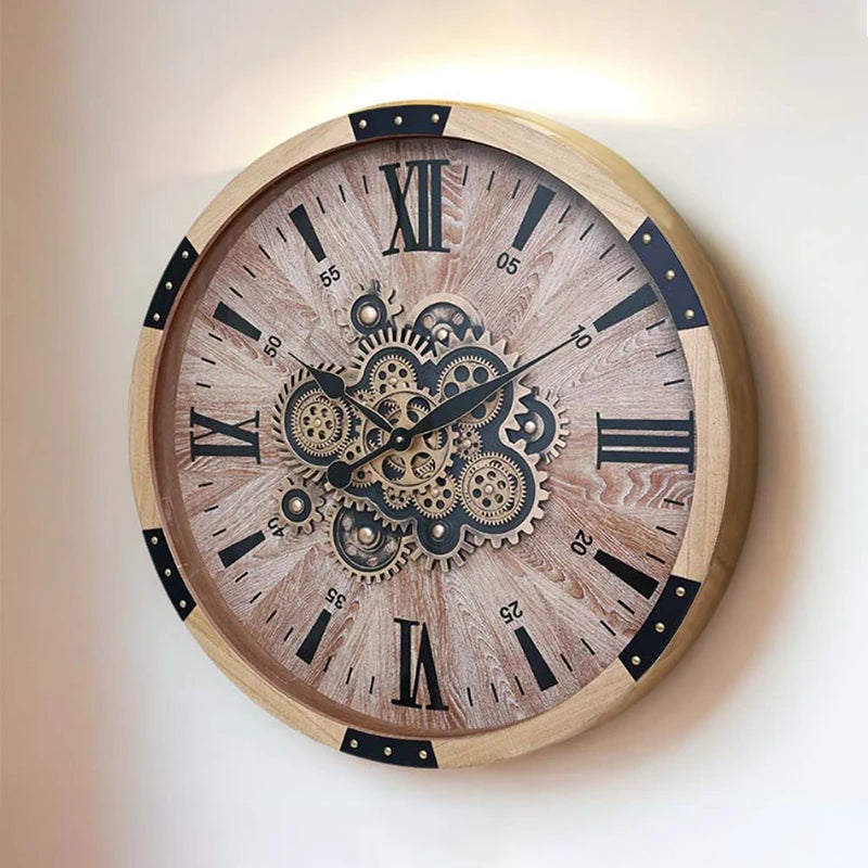 horloge murale bois naturel aiguille quartz rétro salon decoration