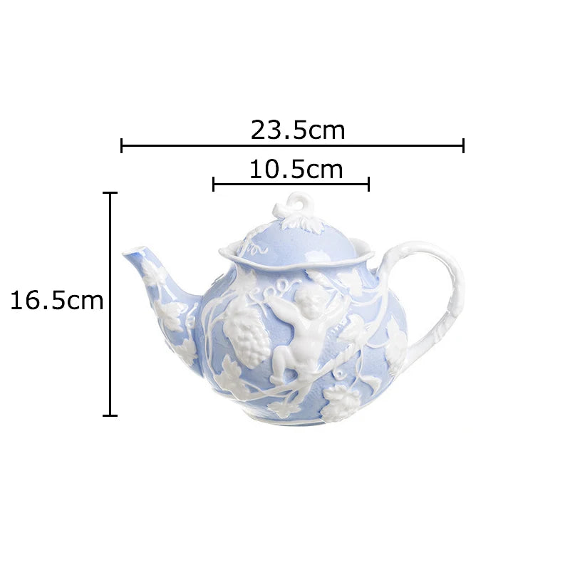 tasse céramique porcelaine ange feuilles rose blanc classique théière soucoupe couvercle