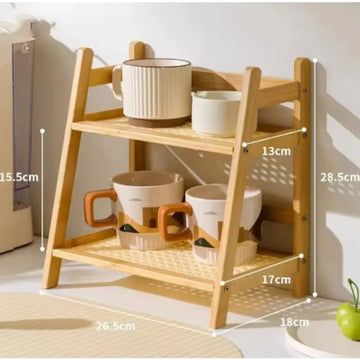 étagère deux niveaux bois clair moderne rangement cuisine tasses vases figurines serviettes biscuits assiettes