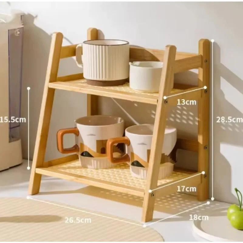 étagère deux niveaux bois clair moderne rangement cuisine tasses vases figurines serviettes biscuits assiettes