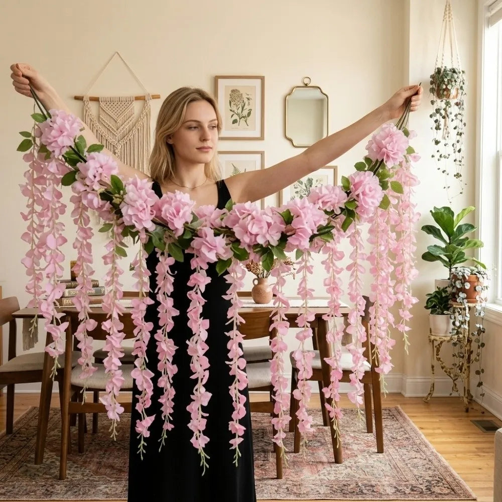 guirlande fleurs artificielles rose clair mariage romantique décor intérieur fêtes anniversaire clips fixations