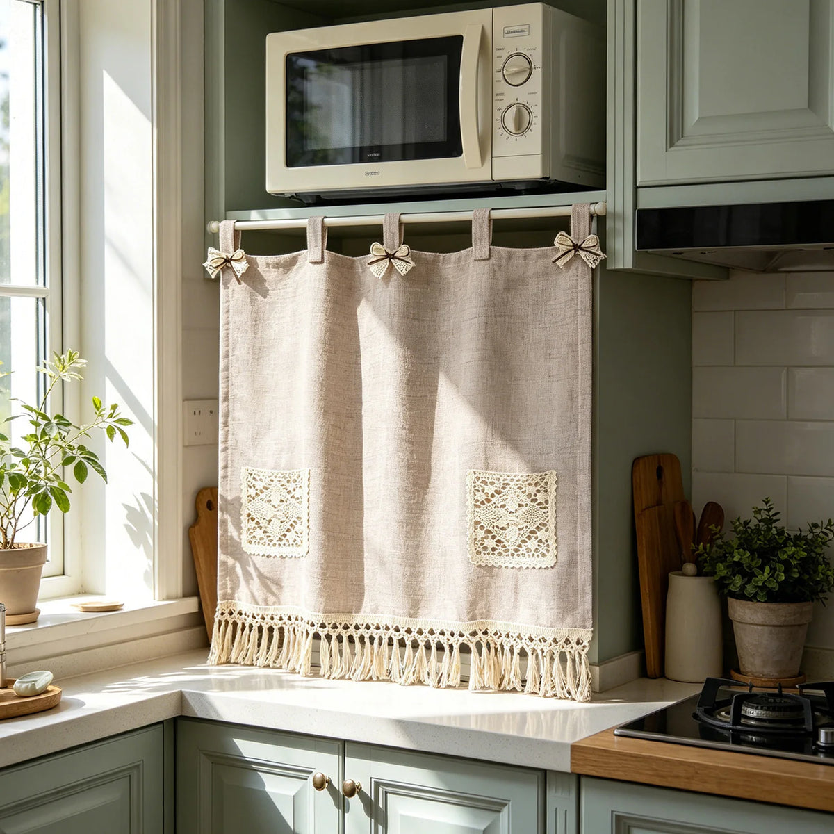 rideau cuisine beige dentelle franges rustique vintage opacité porte clés porte documents sac main