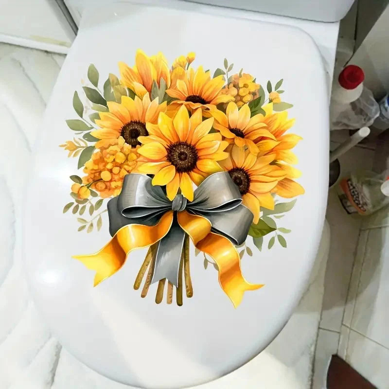 autocollants toilette moderne tournesols jaunes rubans gris vinyle pvc opaque décoration maison blanc