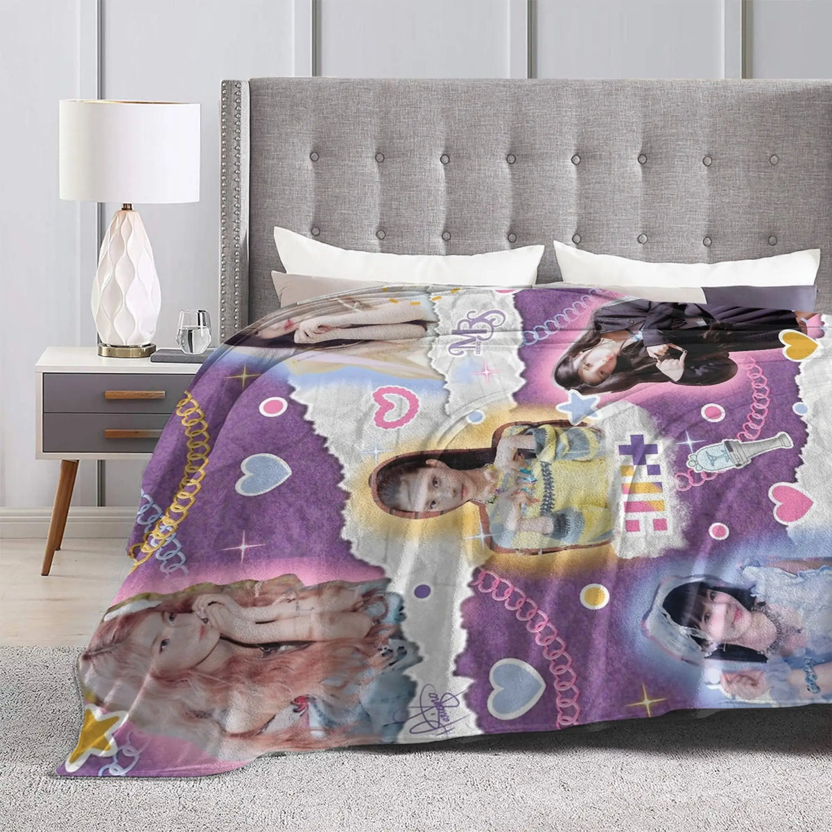 couverture polyester violet rose blanche jaune bleu moderne imprimée géométrique étoiles coeurs pique nique