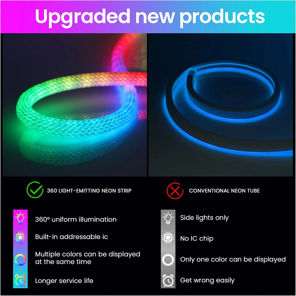 tube néon led multicolore réticulé 360° moderne clips câble usb télécommande