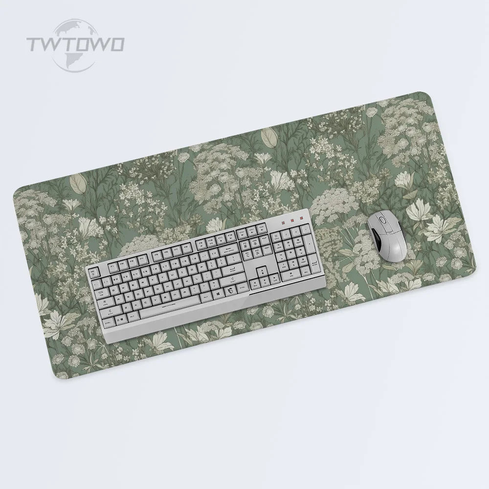 tapis souris vert olive fleurs blanches adhésif antidérapant taille 900x400 mm gaming