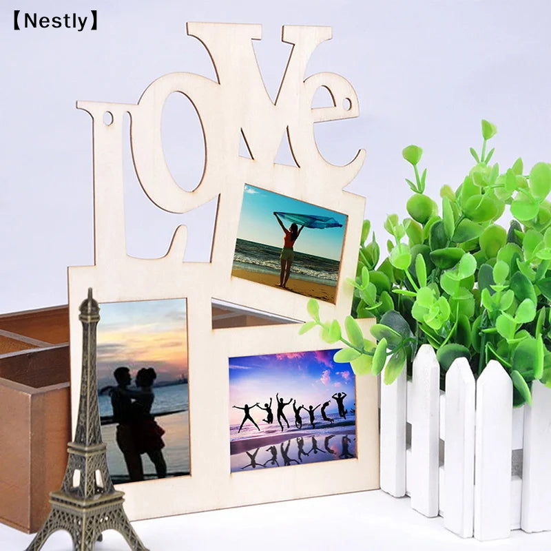 cadre photo mural bois love lettre moderne naturel sans fixation