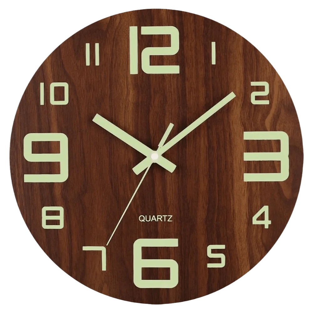 horloge murale moderne bois foncé chiffres blancs texture naturelle pouces facile lecture quartz salon