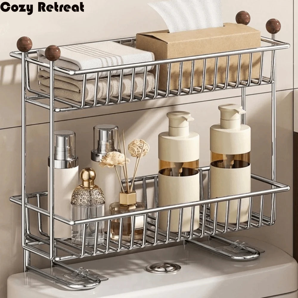 étagère deux niveaux chrome filet métallique moderne clips papier toilette serviettes flacons parfum lotion