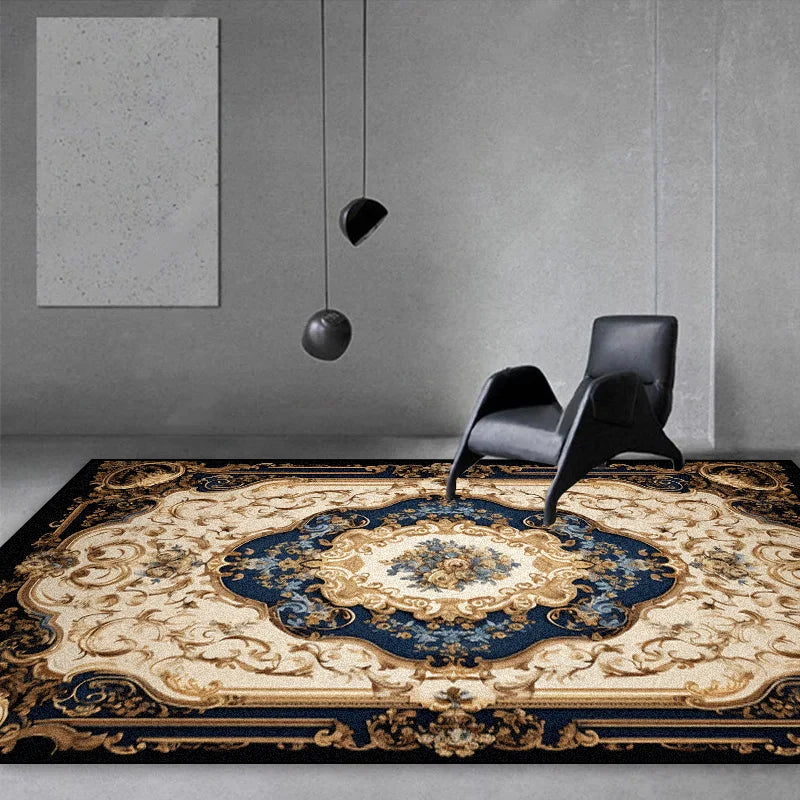 Intérieur élégant avec un tapis persan décoratif et des meubles de design noir.