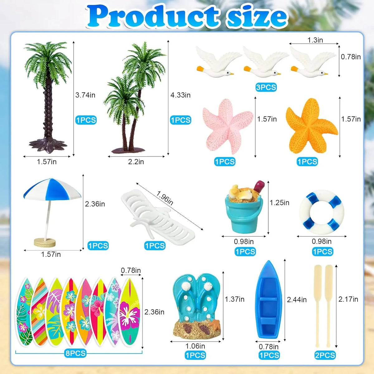 accessoires gâteau plage palmiers oiseaux parasol bouées sandales étoiles mer planches surf clips multicolores