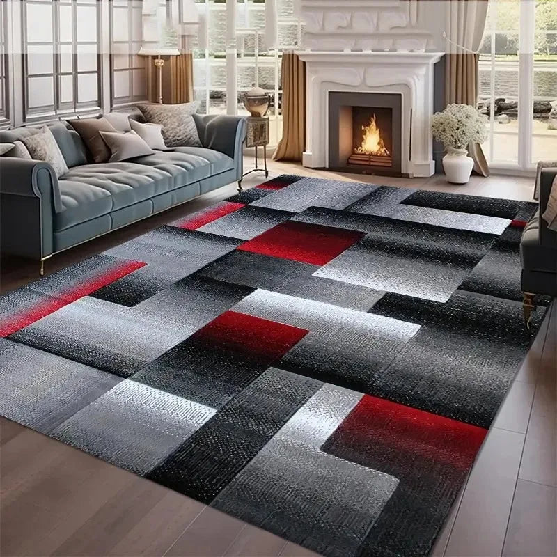 tapis salon moderne géométrique motif carrés superposés gris noir rouge bleu intérieur maison