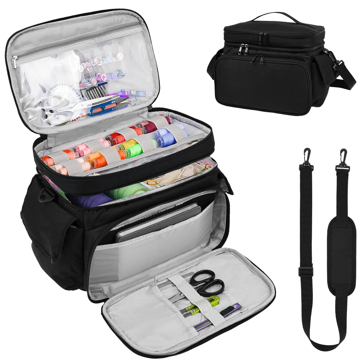 sac multifonctionnel noir organisateur poches transparentes bobines ciseaux aiguilles pinceaux mètre ruban sangles amovibles