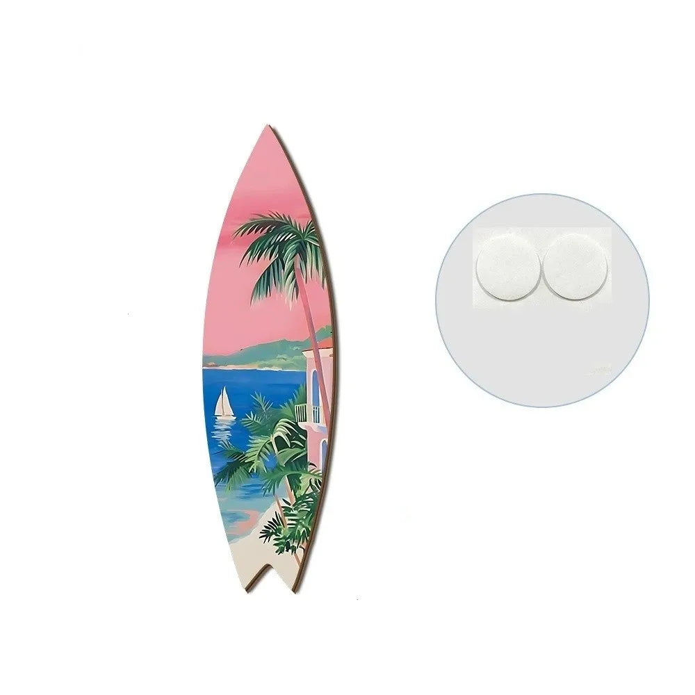 planches surf décoratives palmiers vagues géométriques été orange jaune bleu tropical