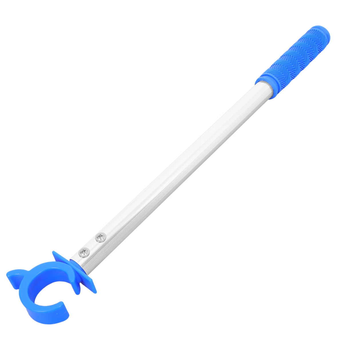 brosse bleu blanc poignée caoutchouc texturée manche métal lisse clip crochet
