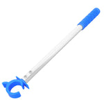 brosse bleu blanc poignée caoutchouc texturée manche métal lisse clip crochet