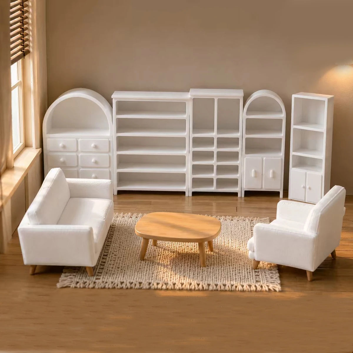 meubles miniatures blancs modernes commode bibliothèque canapé fauteuil table basse tapis escalier lit armoire