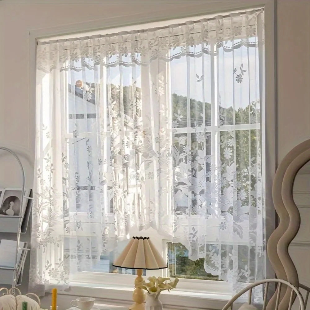 rideau floral dentelle polyester blanc translucide vintage champêtreextérieur fixe single panel