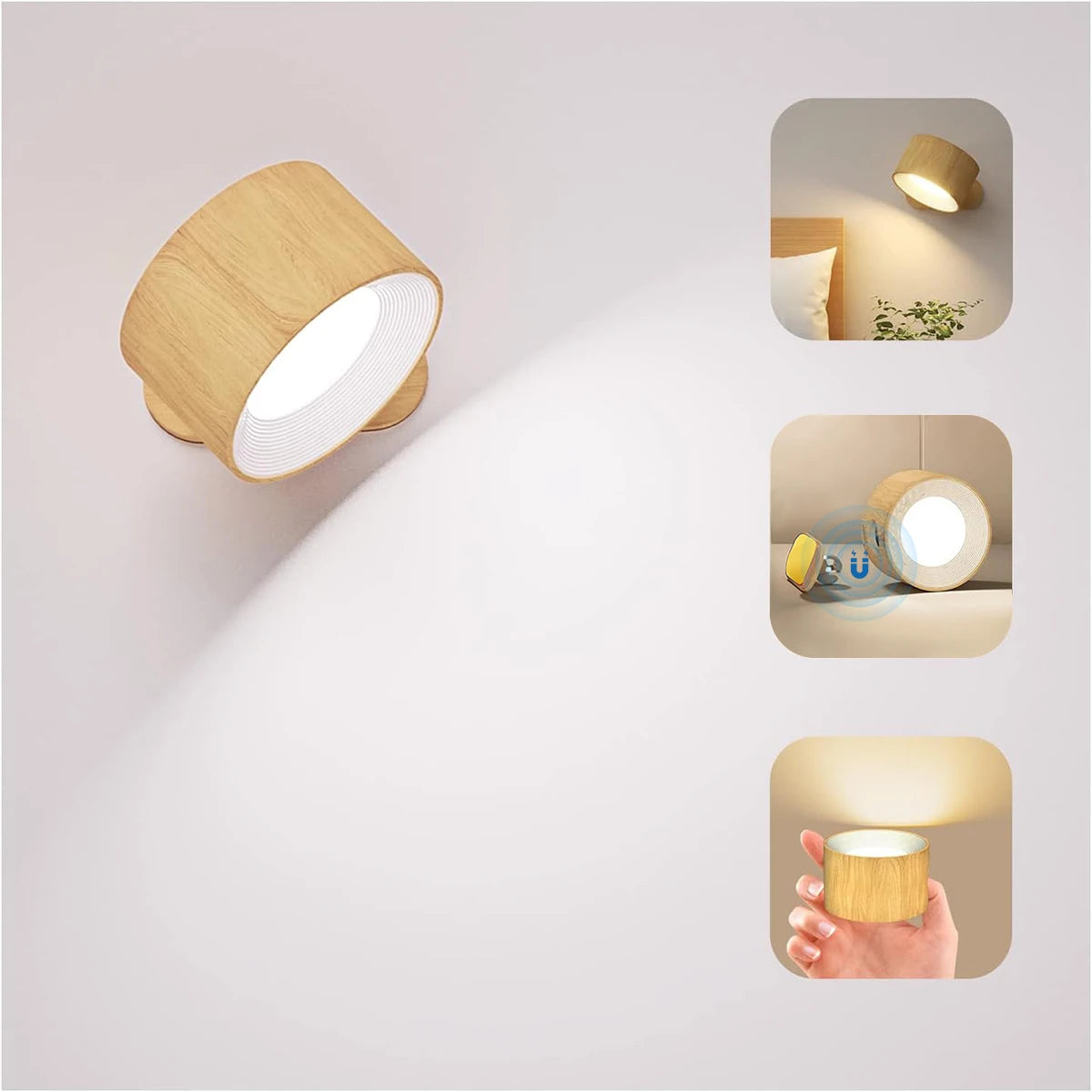 lampe murale moderne minimaliste bois naturel blanc led charge usb tactile
