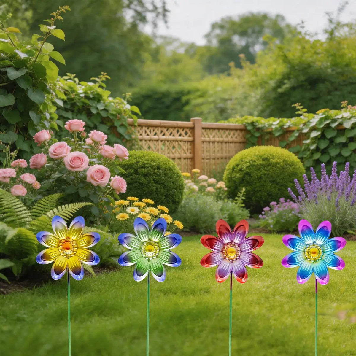 décorations jardin fleurs rouges jaunes bleues vertes violettes oranges rayées tiges métalliques modernes
